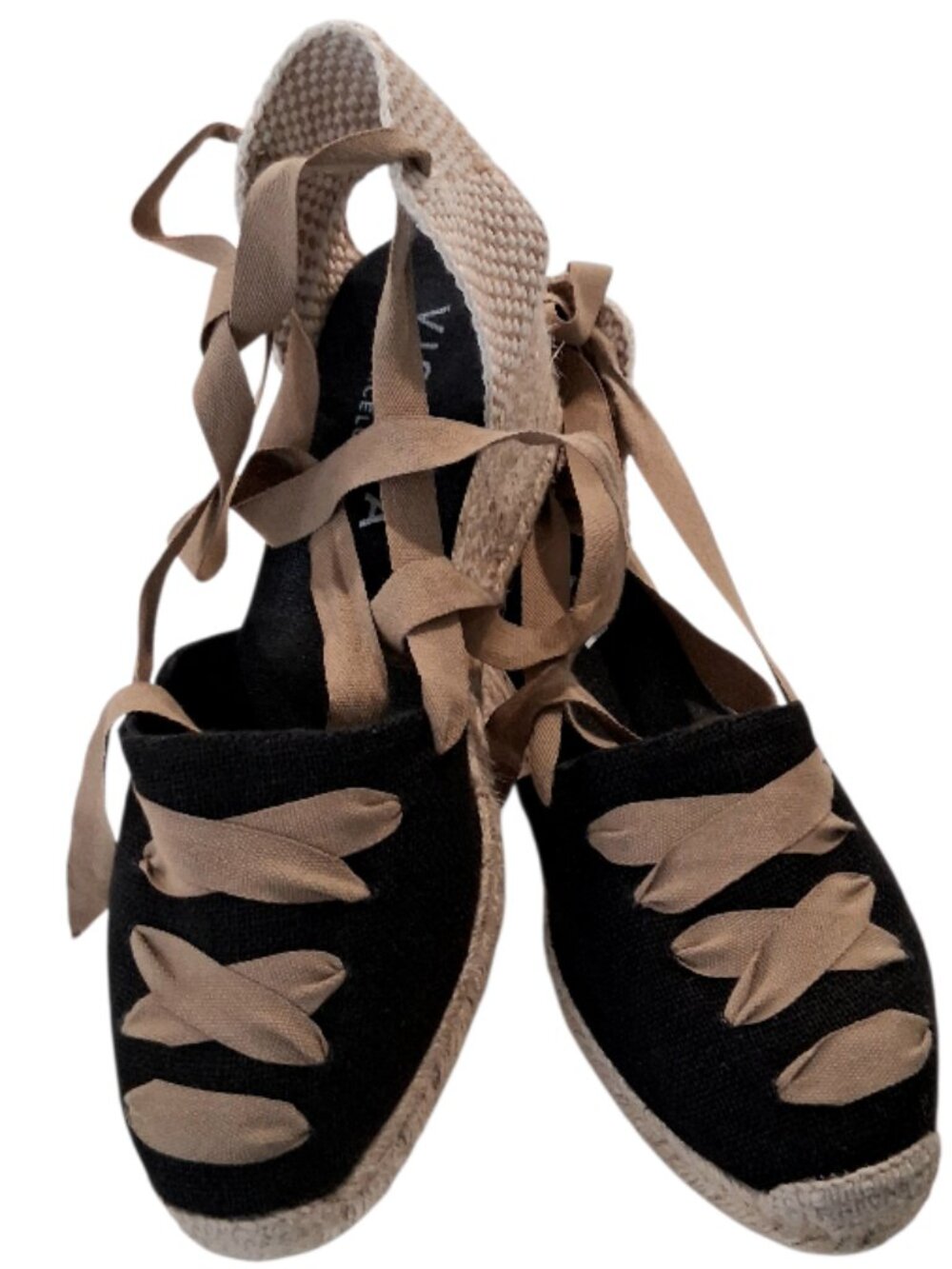 VISCATA Black/Cream Laces Espadrille Canvas Wedges w/Ankle Laces Sz 41/10 1/2